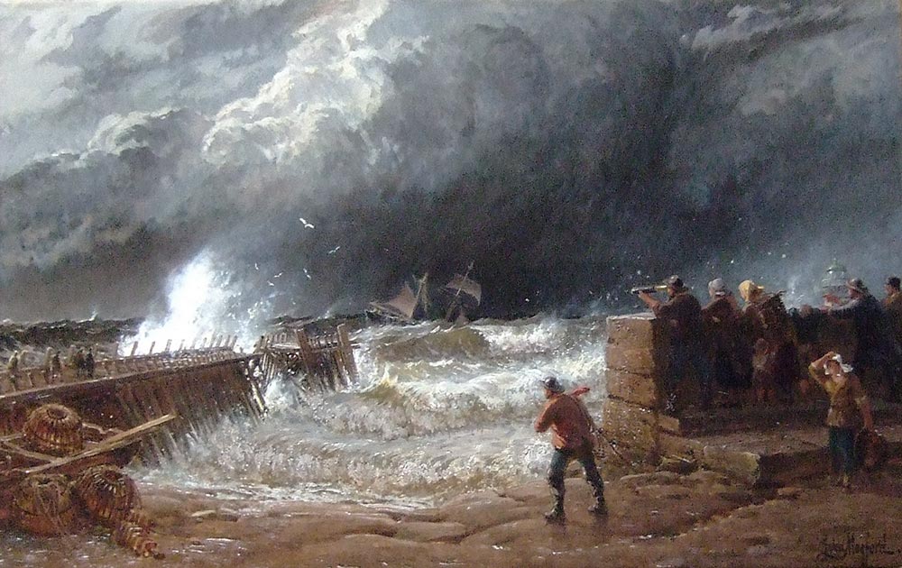 Crossing the Bar, oil painting of destruction of the New Pier at St Ives by John Mogford