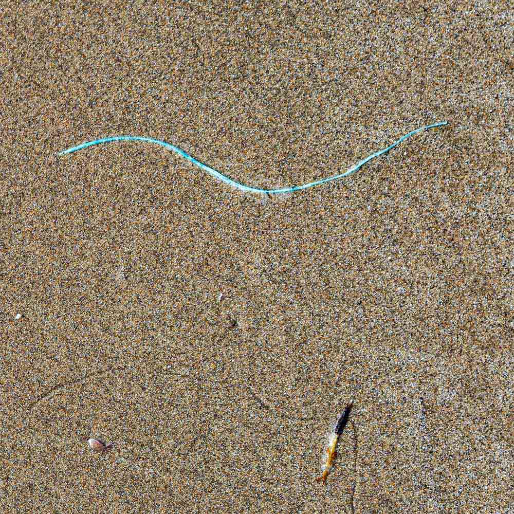 strands | A thin strand of cyan thread, sand and shadows on a Breton beach