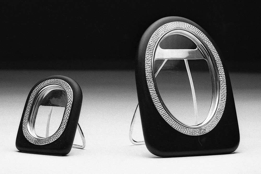Ebony and silver photo frames by Ian Harrold, made for an exhbition of jewellery and silver at Goldsmiths Hall, London, 1978
