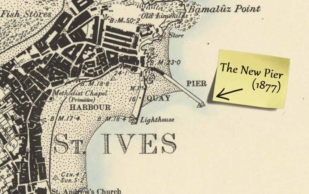 map of St Ivs Cornwall 1877 showing The New Pier