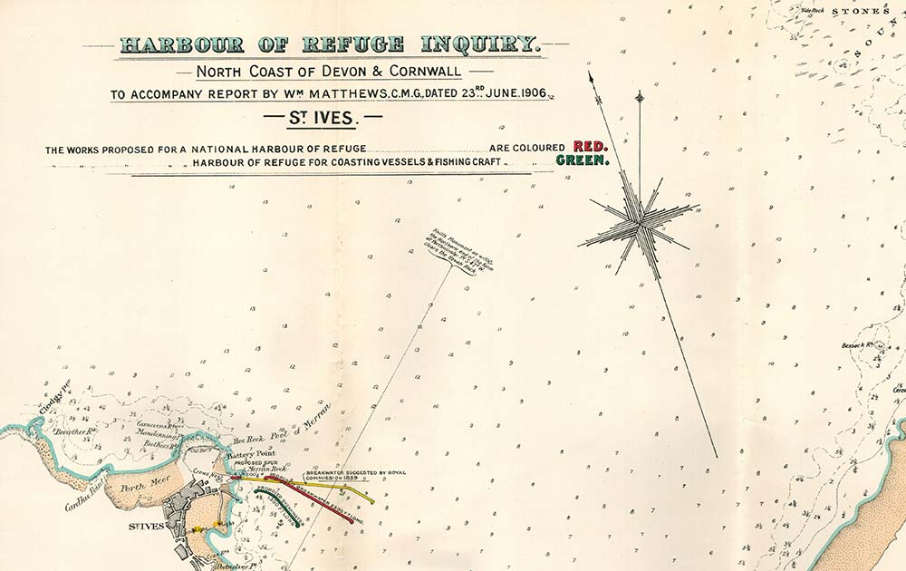 Harbours of Refuge Inquiry for Devon and Cornwall 1906, map of St Ives Bay