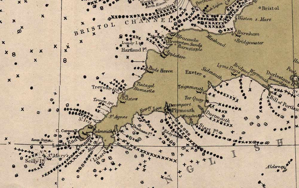 map showing shipwrecks off south west coast of England 1852-56