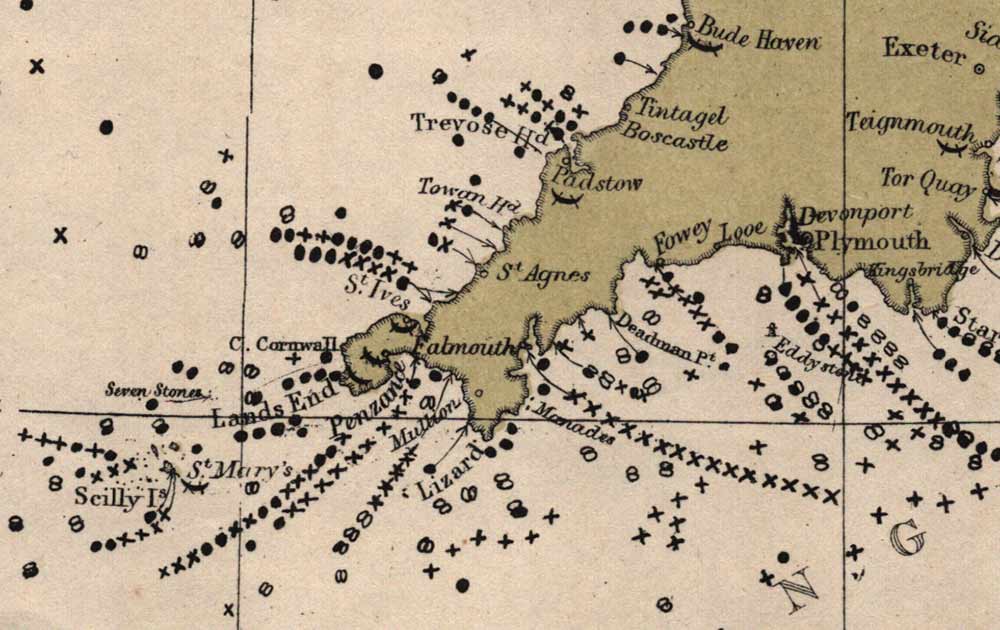 map showing shipwrecks off coast of Cornwall 1852-56